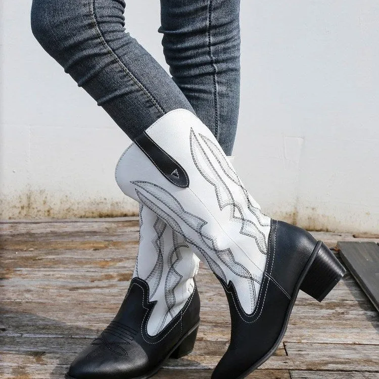 2022 Winter Cowboy Boots Women Pointed Toe Women's Shoes Printing Mid Calf Boots