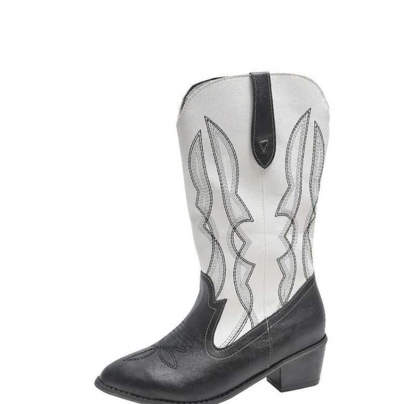 2022 Winter Cowboy Boots Women Pointed Toe Women's Shoes Printing Mid Calf Boots