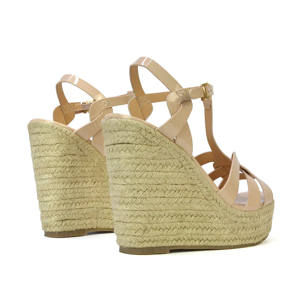 Alexis Strappy Espadrille Platform Wedge Heel Sandals in Nude Patent