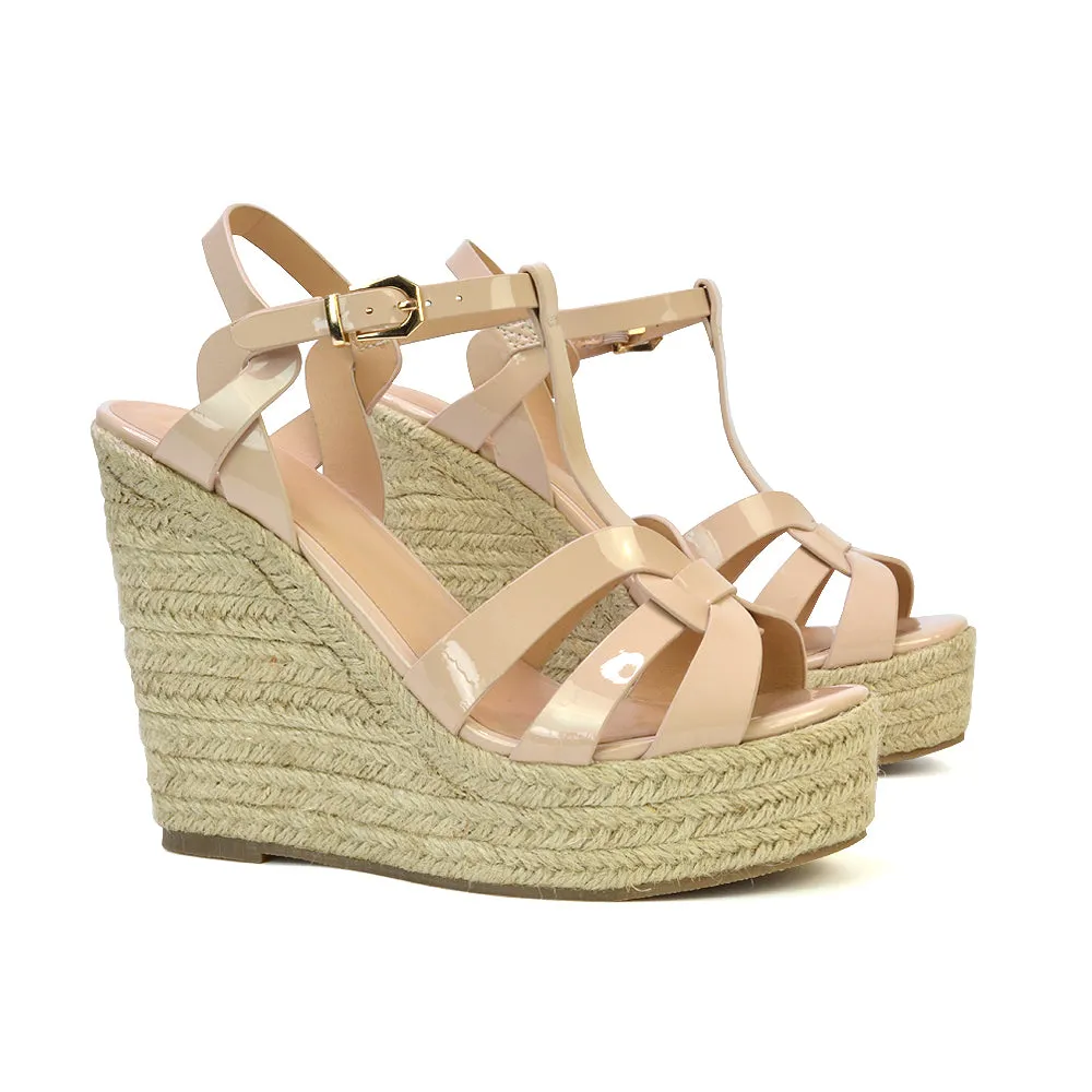 Alexis Strappy Espadrille Platform Wedge Heel Sandals in Nude Patent