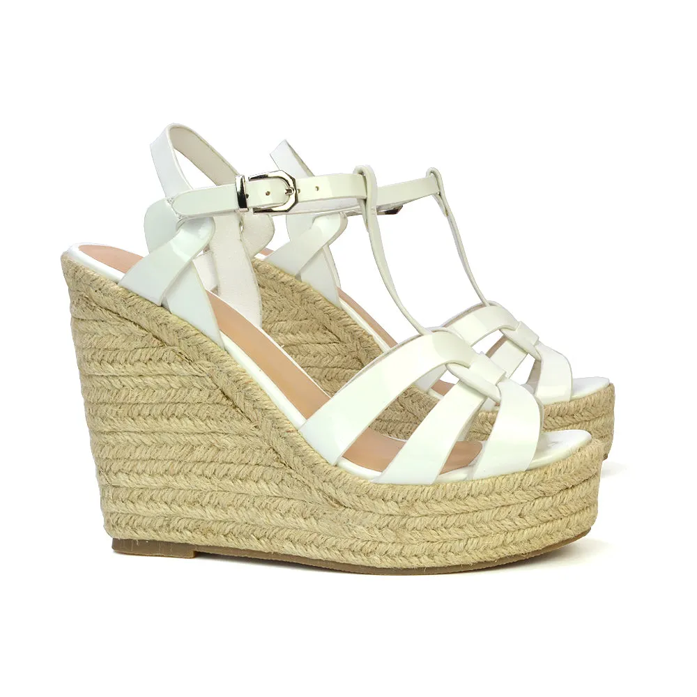 Alexis Strappy Espadrille Platform Wedge Heel Sandals in Nude Patent