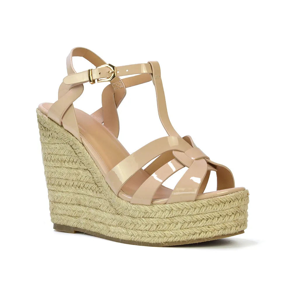 Alexis Strappy Espadrille Platform Wedge Heel Sandals in Nude Patent