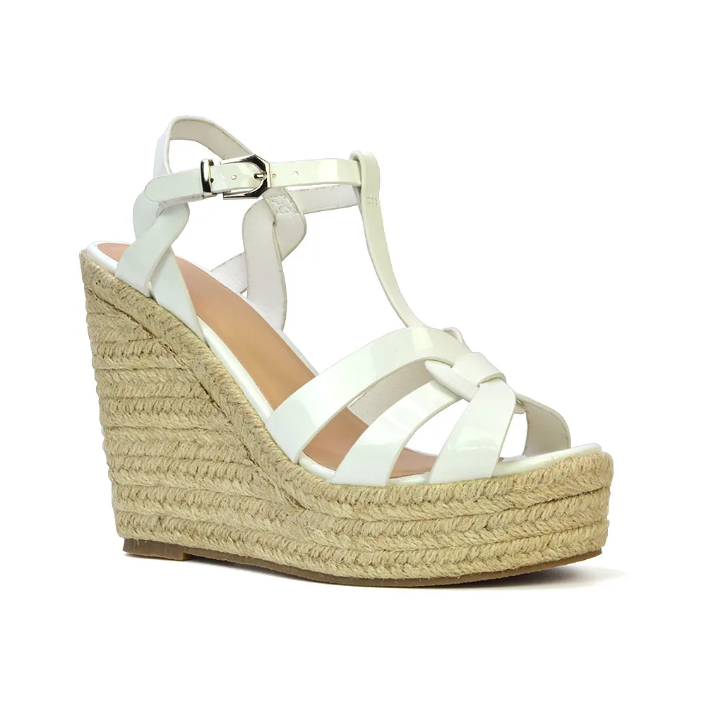 Alexis Strappy Espadrille Platform Wedge Heel Sandals in Nude Patent