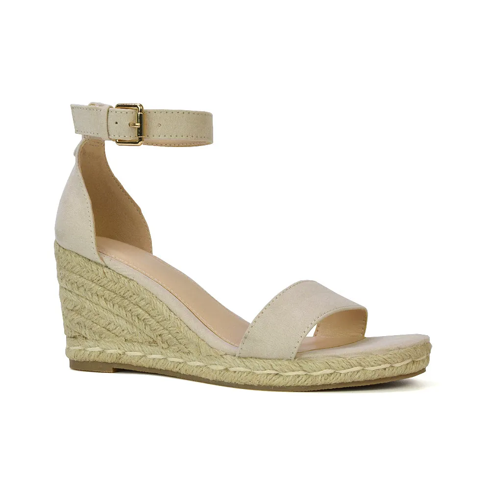 Amber Espadrille Mid Wedge Heel Sandals With Ankle Strap in Black