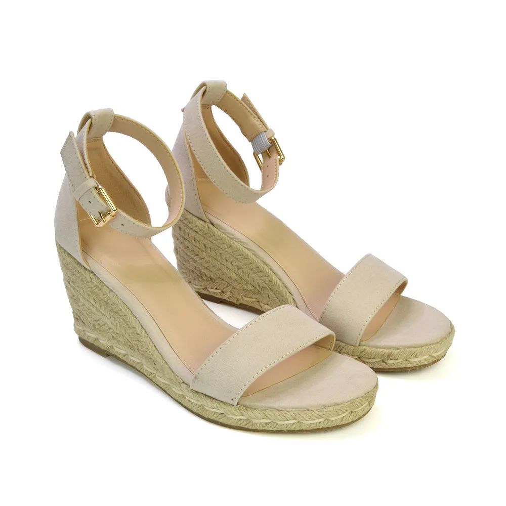 Amber Espadrille Mid Wedge Heel Sandals With Ankle Strap in Black