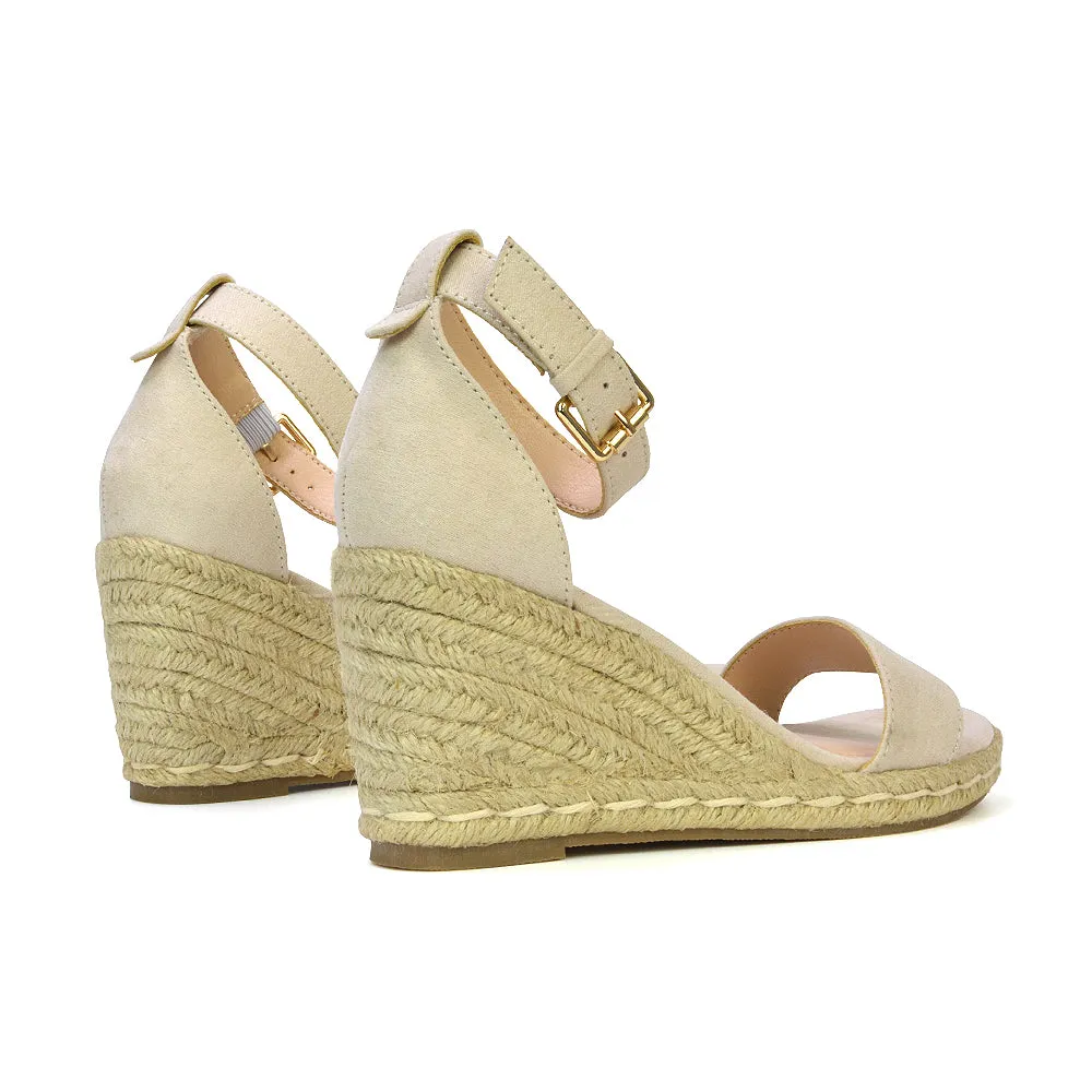 Amber Espadrille Mid Wedge Heel Sandals With Ankle Strap in Black