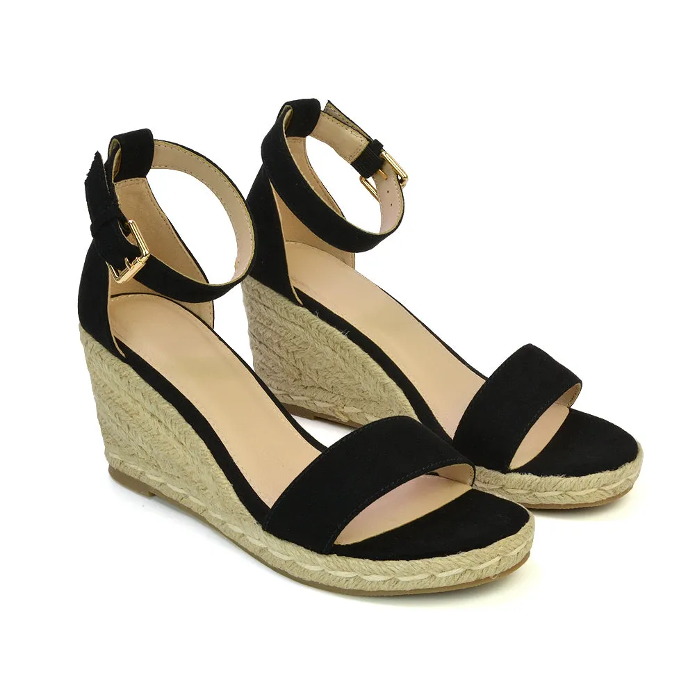 Amber Espadrille Mid Wedge Heel Sandals With Ankle Strap in Black