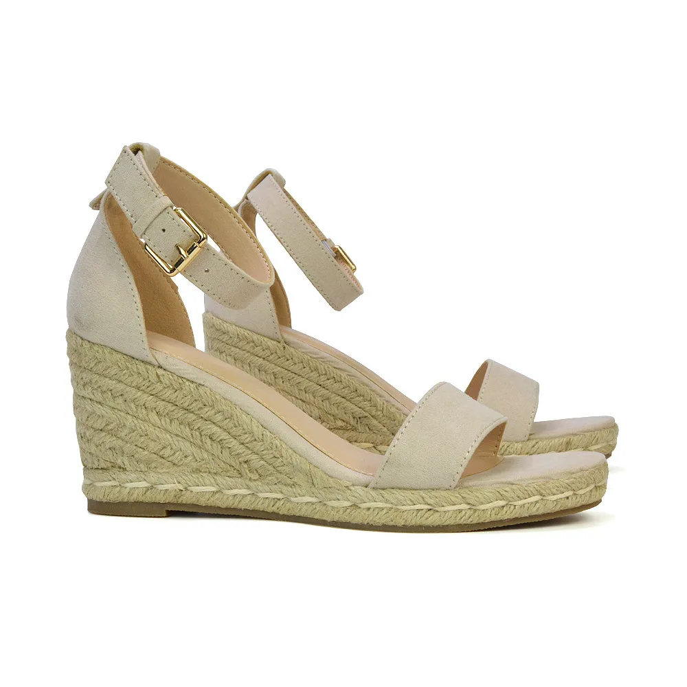 Amber Espadrille Mid Wedge Heel Sandals With Ankle Strap in Black