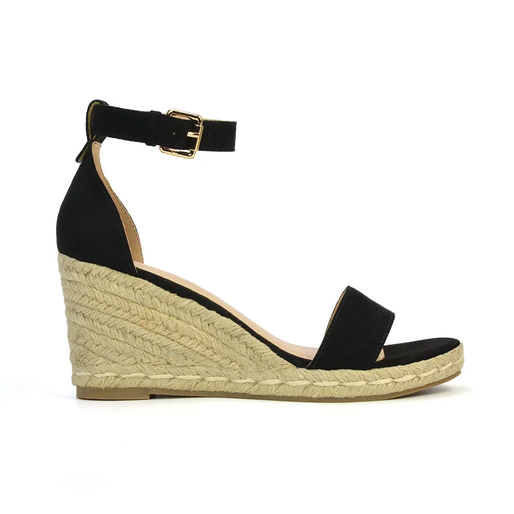 Amber Espadrille Mid Wedge Heel Sandals With Ankle Strap in Black