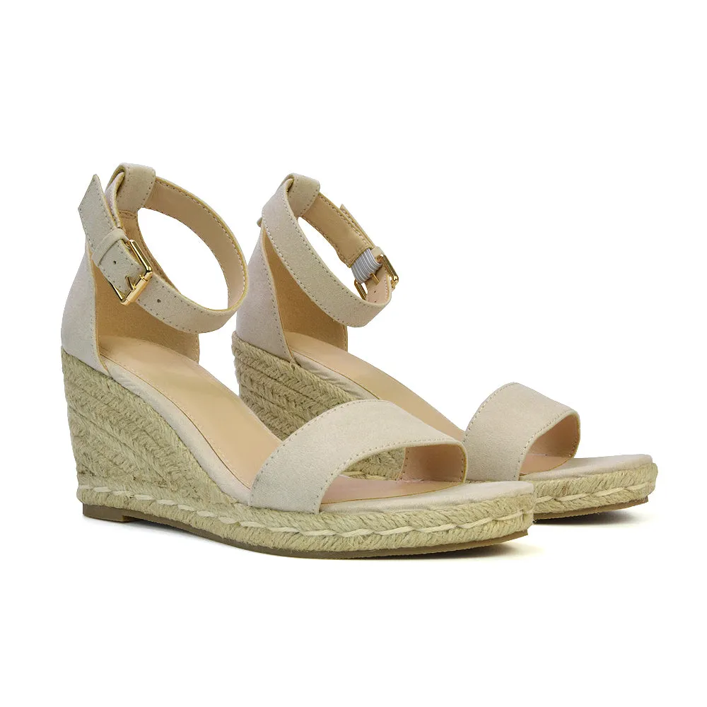 Amber Espadrille Mid Wedge Heel Sandals With Ankle Strap in Black