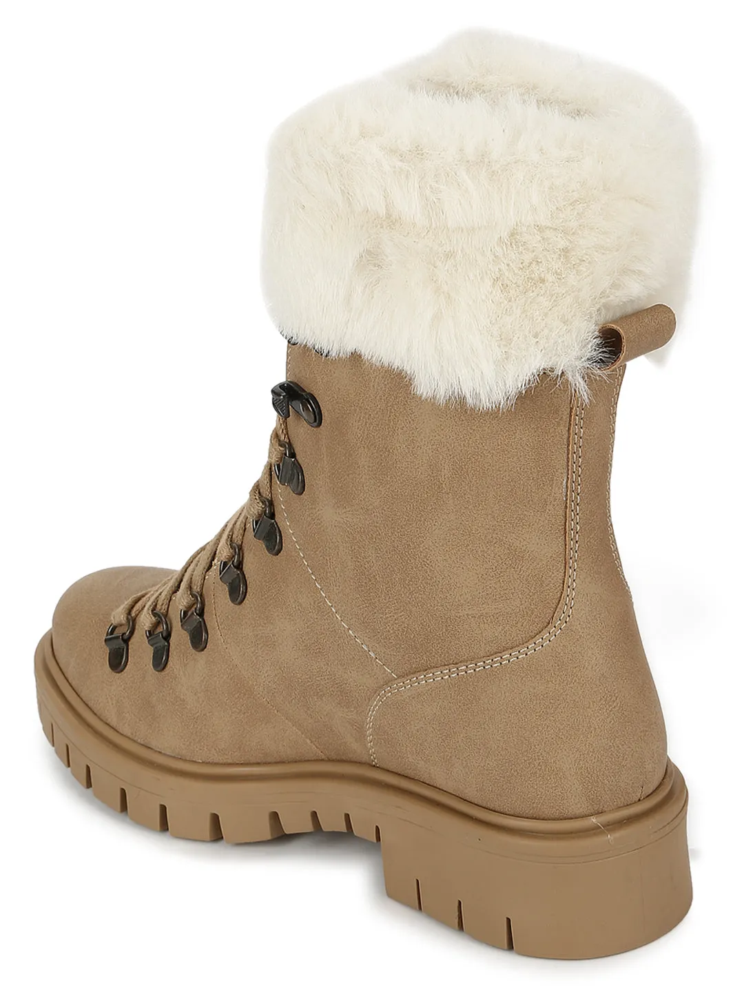 Beige Nubuck Lace Up Faux Fur Ankle Boots