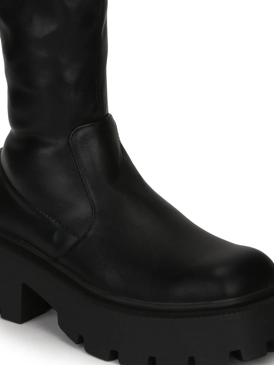 Black Stretch PU Zip Up Chunky Ankle Boots