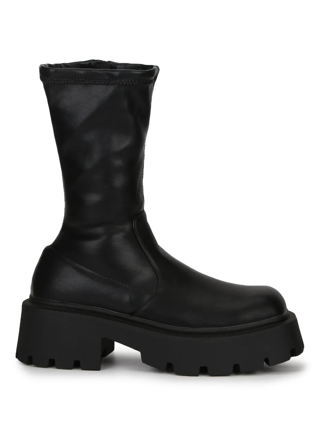 Black Stretch PU Zip Up Chunky Ankle Boots