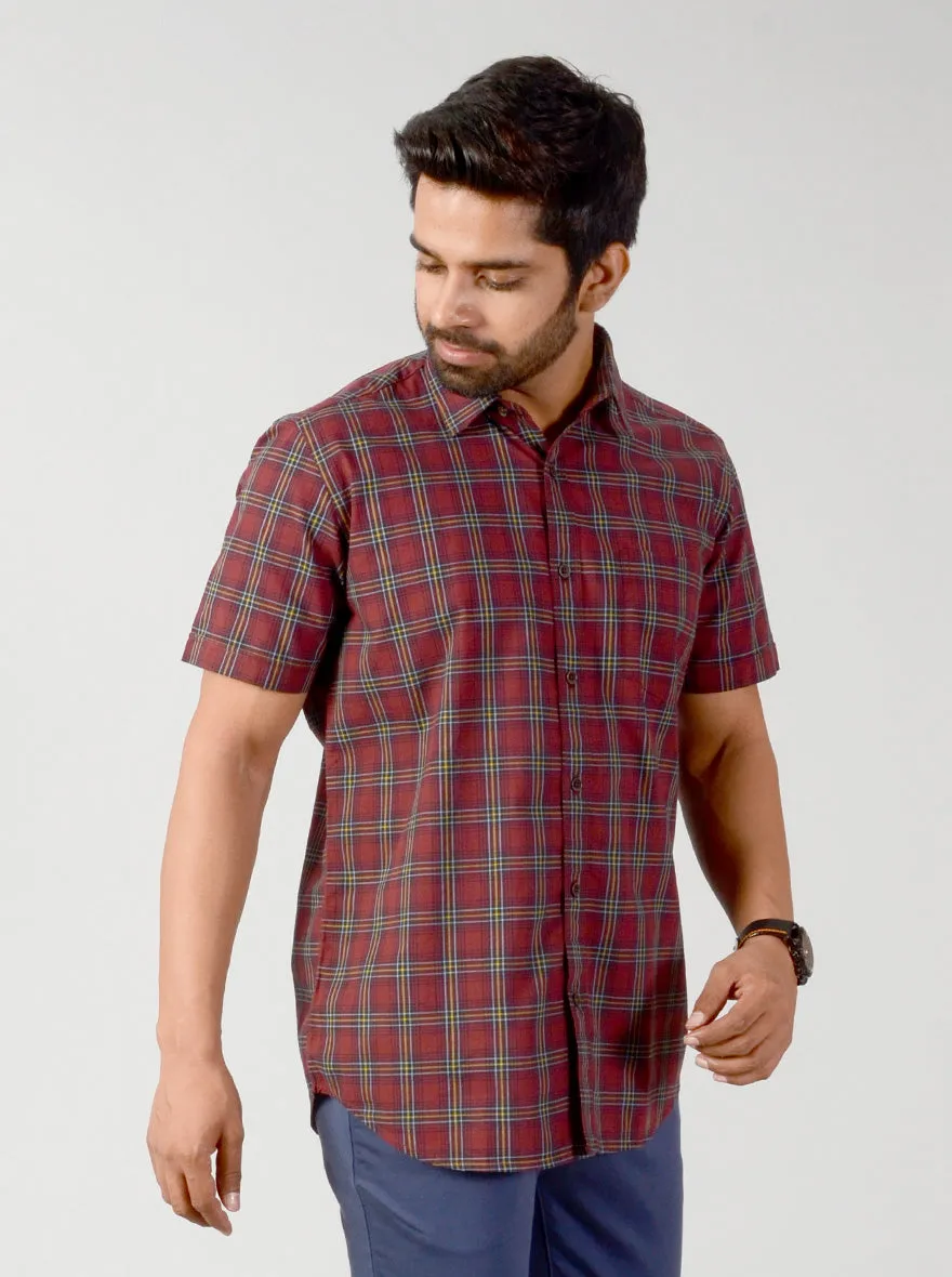 Burnt Brown Checked Slim Fit Casual Shirt | JadeBlue