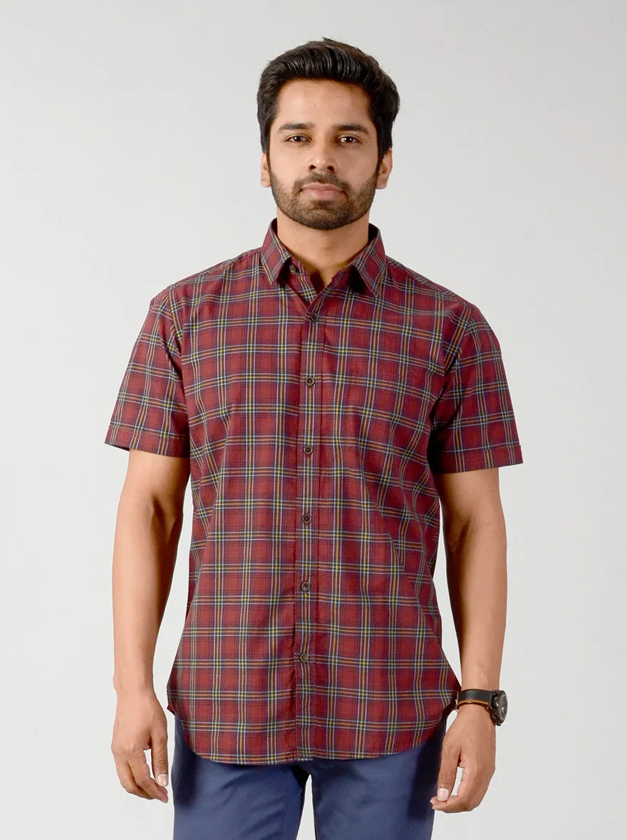 Burnt Brown Checked Slim Fit Casual Shirt | JadeBlue