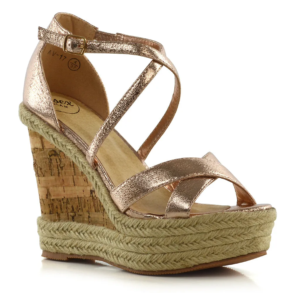 CHANCE WOVEN DETAIL STRAPPY WEDGE HEEL PLATFORM SANDALS IN ROSE GOLD METALLIC