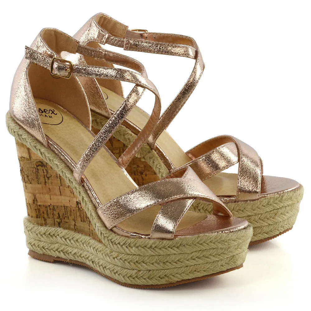 CHANCE WOVEN DETAIL STRAPPY WEDGE HEEL PLATFORM SANDALS IN ROSE GOLD METALLIC