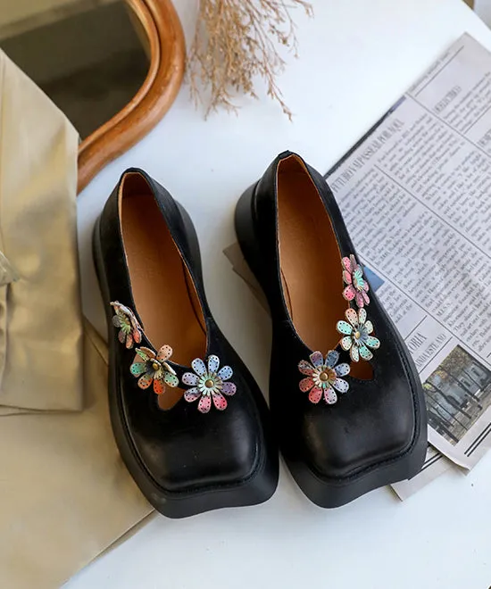 Chocolate Flat Feet Shoes Platform Cowhide Leather Unique Floral Flat Shoes