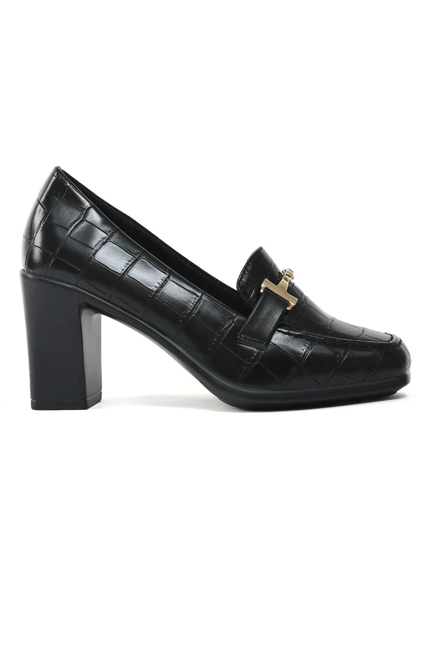 CROC-EMBOSSED BLOCK HEEL LOAFERS-BLACK