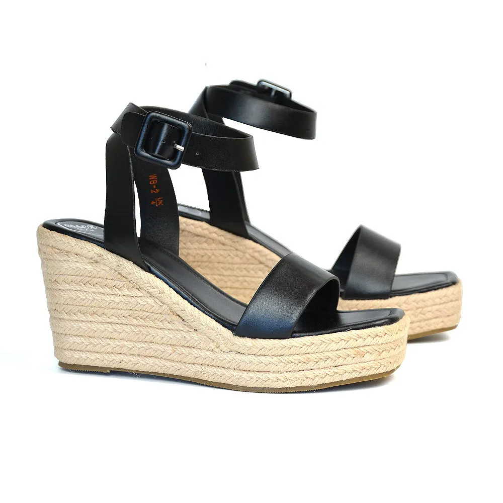 Dayla Platform Espadrille Sandal Wedge Heel With a Square Toe in Tan