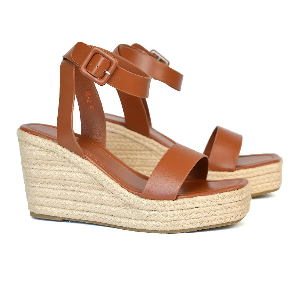 Dayla Platform Espadrille Sandal Wedge Heel With a Square Toe in Tan