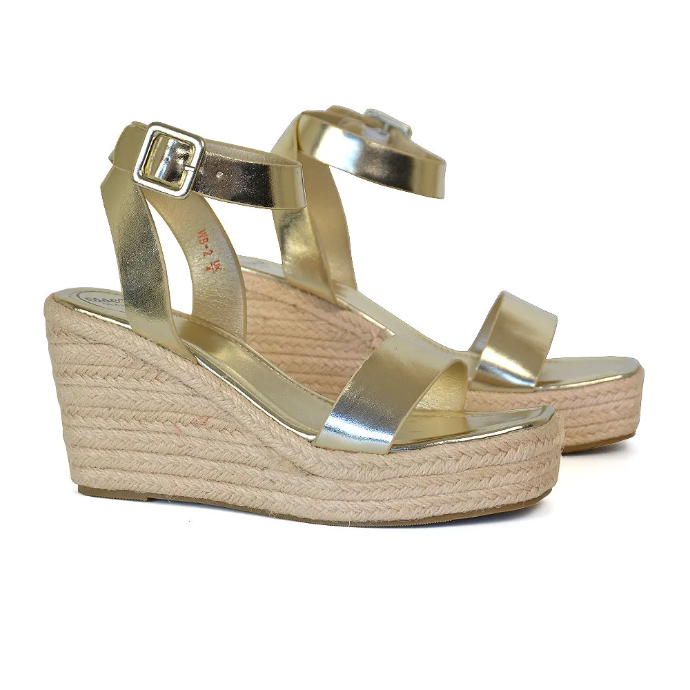 Dayla Platform Espadrille Sandal Wedge Heel With a Square Toe in Tan