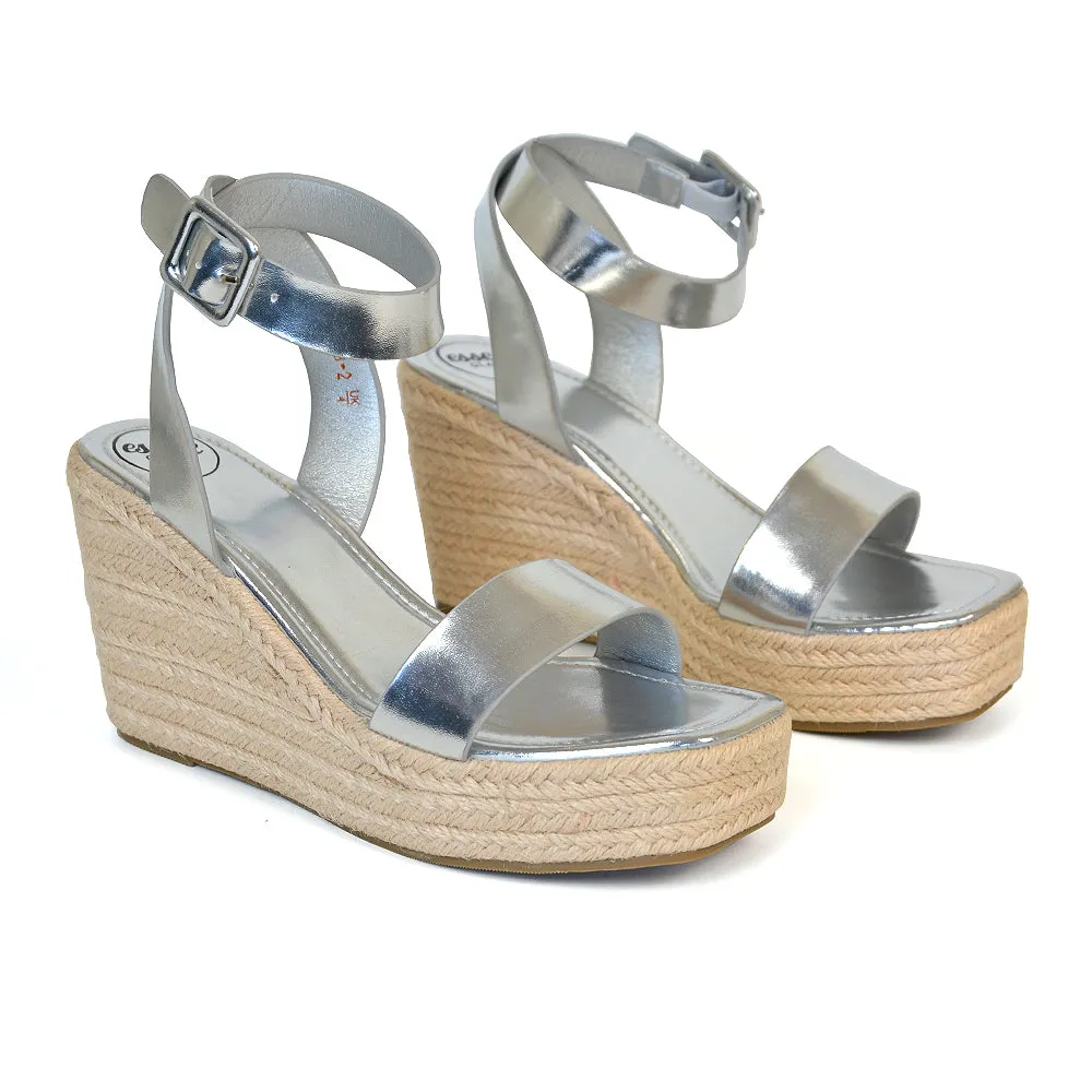 Dayla Platform Espadrille Sandal Wedge Heel With a Square Toe in Tan