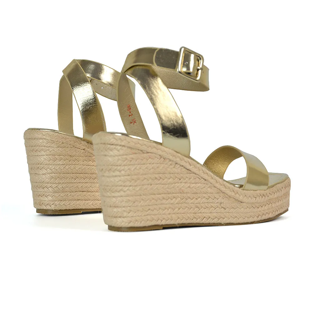 Dayla Platform Espadrille Sandal Wedge Heel With a Square Toe in Tan