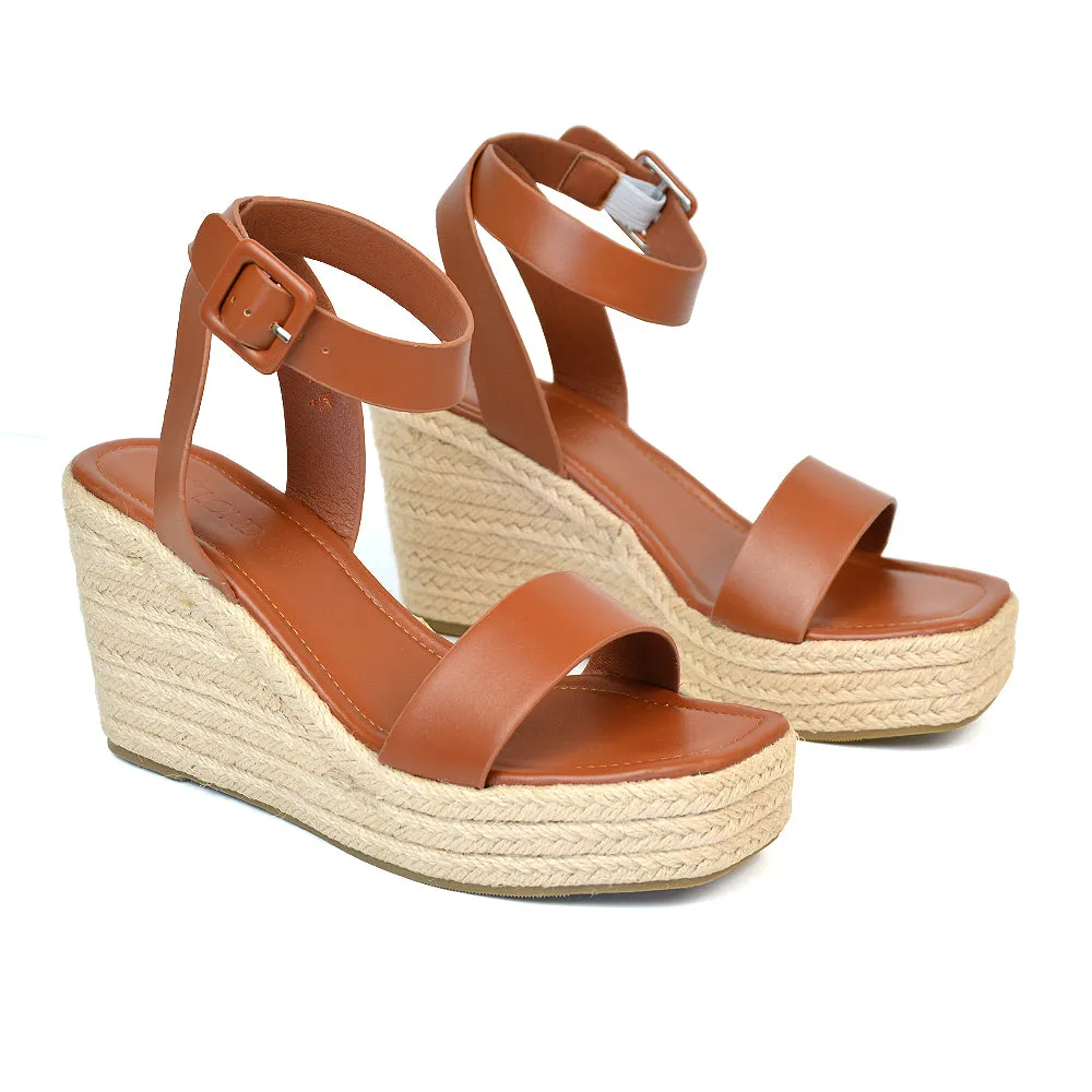 Dayla Platform Espadrille Sandal Wedge Heel With a Square Toe in Tan