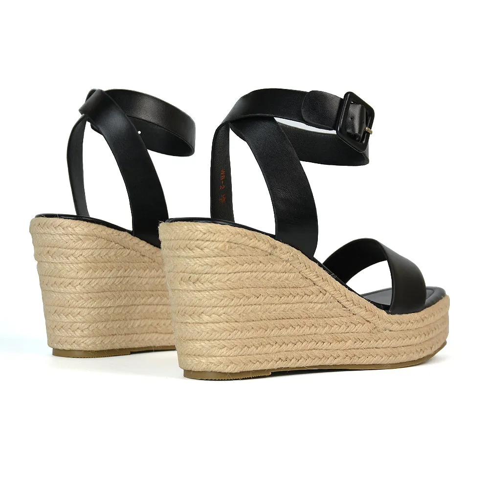 Dayla Platform Espadrille Sandal Wedge Heel With a Square Toe in Tan