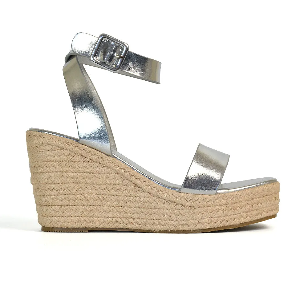 Dayla Platform Espadrille Sandal Wedge Heel With a Square Toe in Tan