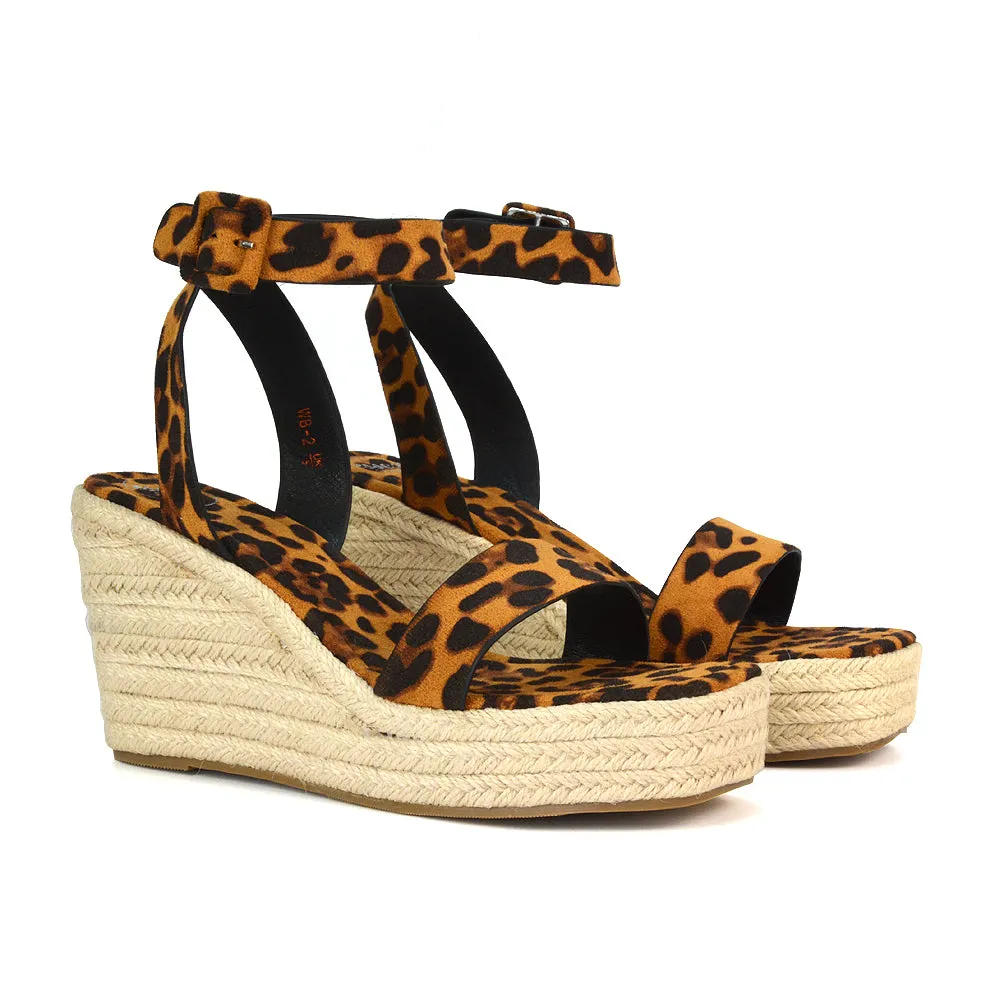 Dayla Platform Espadrille Sandal Wedge Heel With a Square Toe in Tan