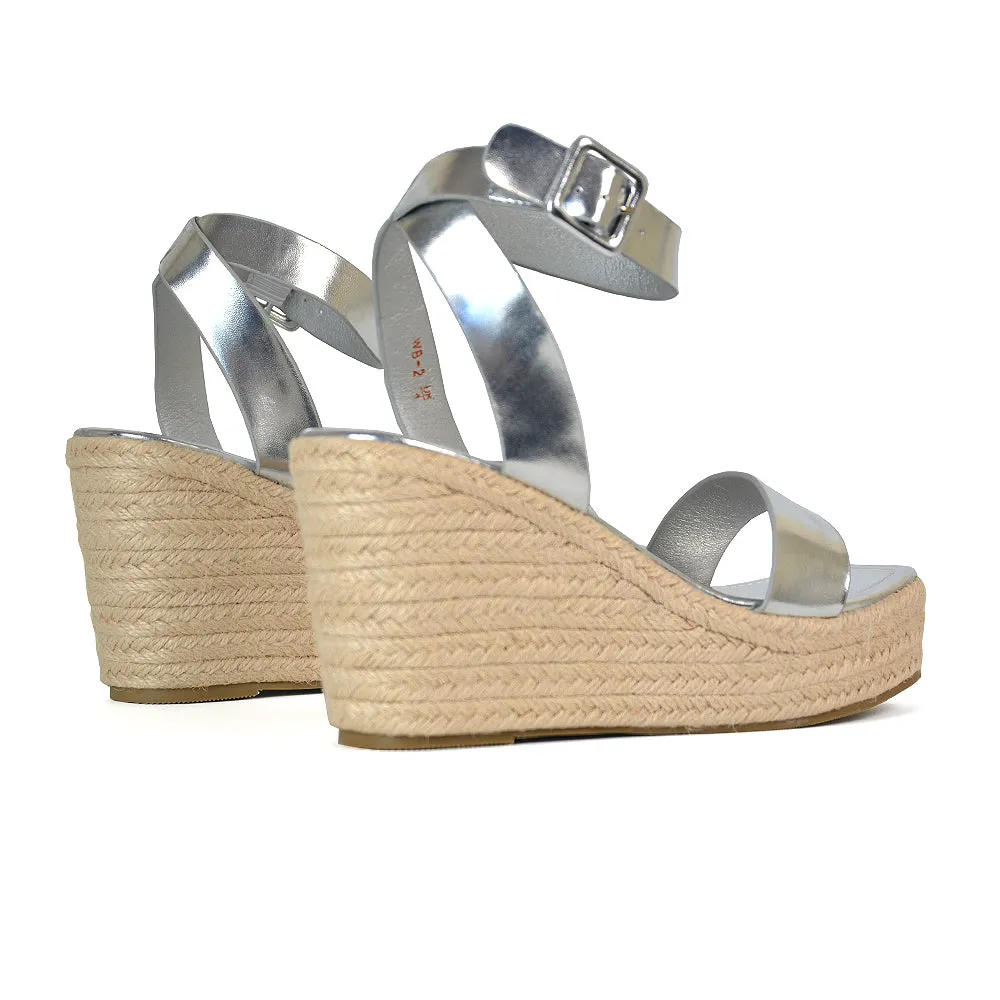 Dayla Platform Espadrille Sandal Wedge Heel With a Square Toe in Tan