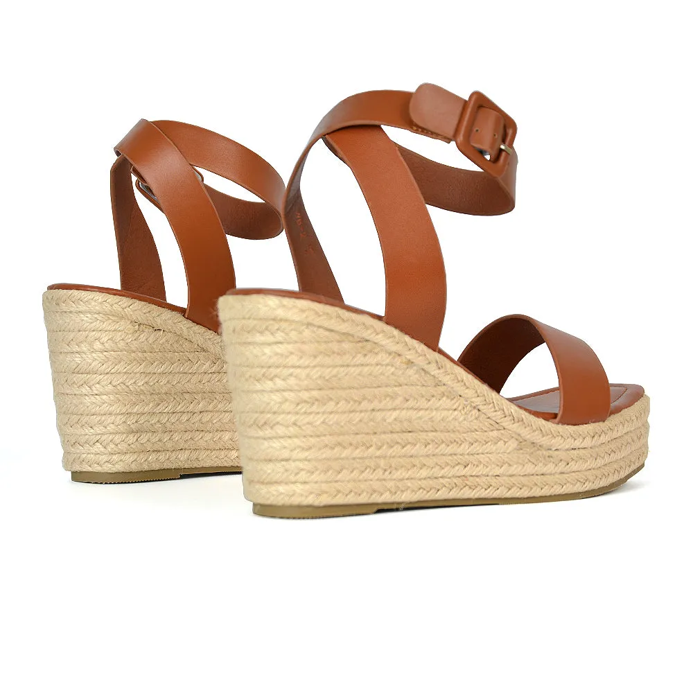 Dayla Platform Espadrille Sandal Wedge Heel With a Square Toe in Tan