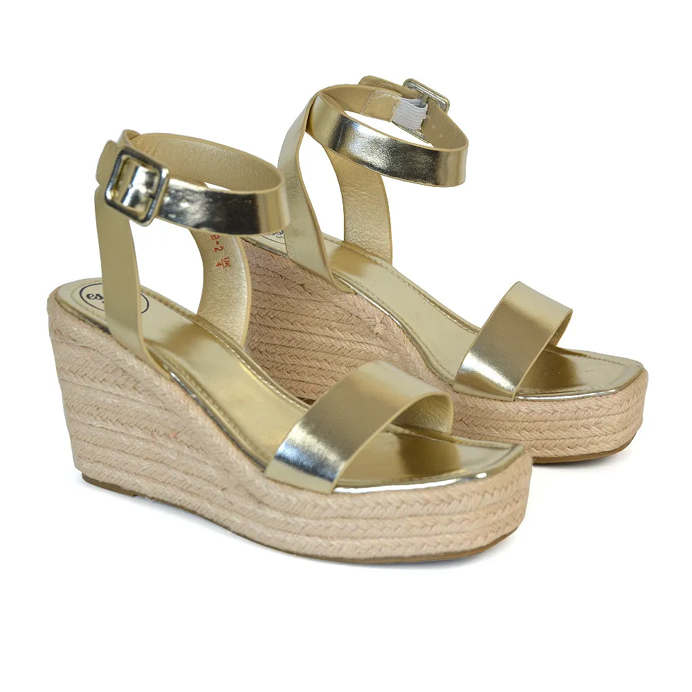 Dayla Platform Espadrille Sandal Wedge Heel With a Square Toe in Tan