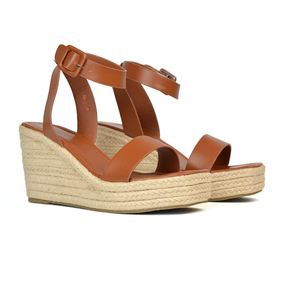 Dayla Platform Espadrille Sandal Wedge Heel With a Square Toe in Tan