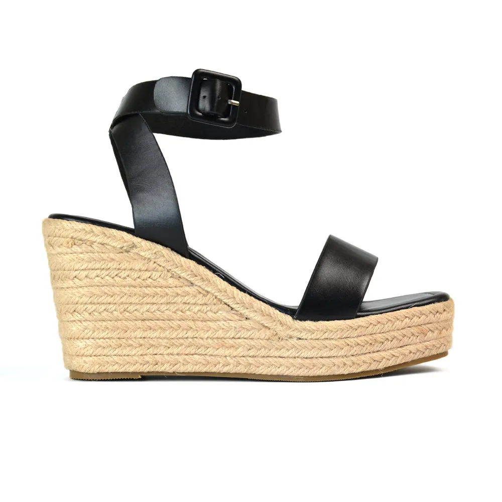 Dayla Platform Espadrille Sandal Wedge Heel With a Square Toe in Tan