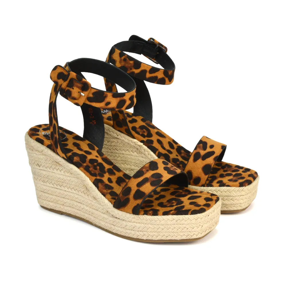 Dayla Platform Espadrille Sandal Wedge Heel With a Square Toe in Tan