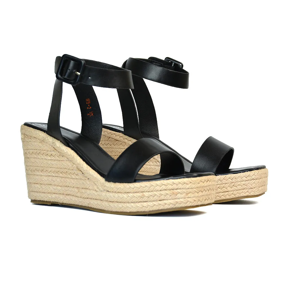 Dayla Platform Espadrille Sandal Wedge Heel With a Square Toe in Tan