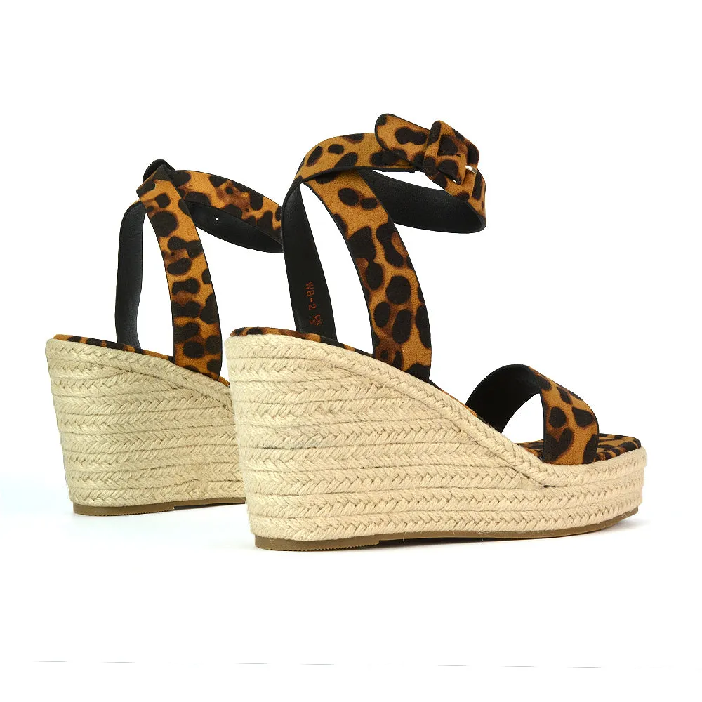 Dayla Platform Espadrille Sandal Wedge Heel With a Square Toe in Tan