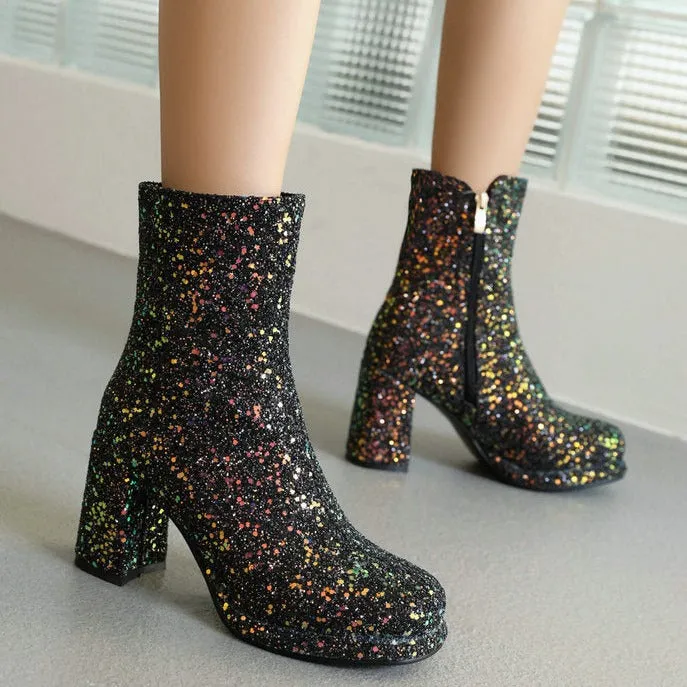 Gold silver glitter shiny sequins booties with zipper