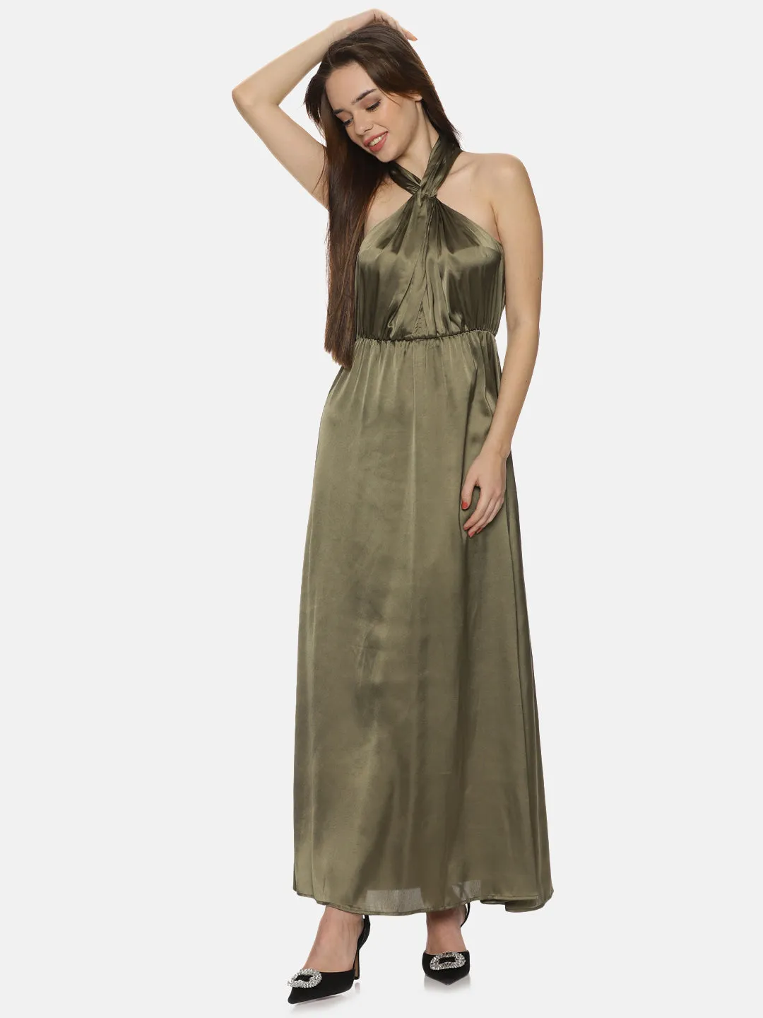 IS.U Solid Olive Halter Maxi Dress