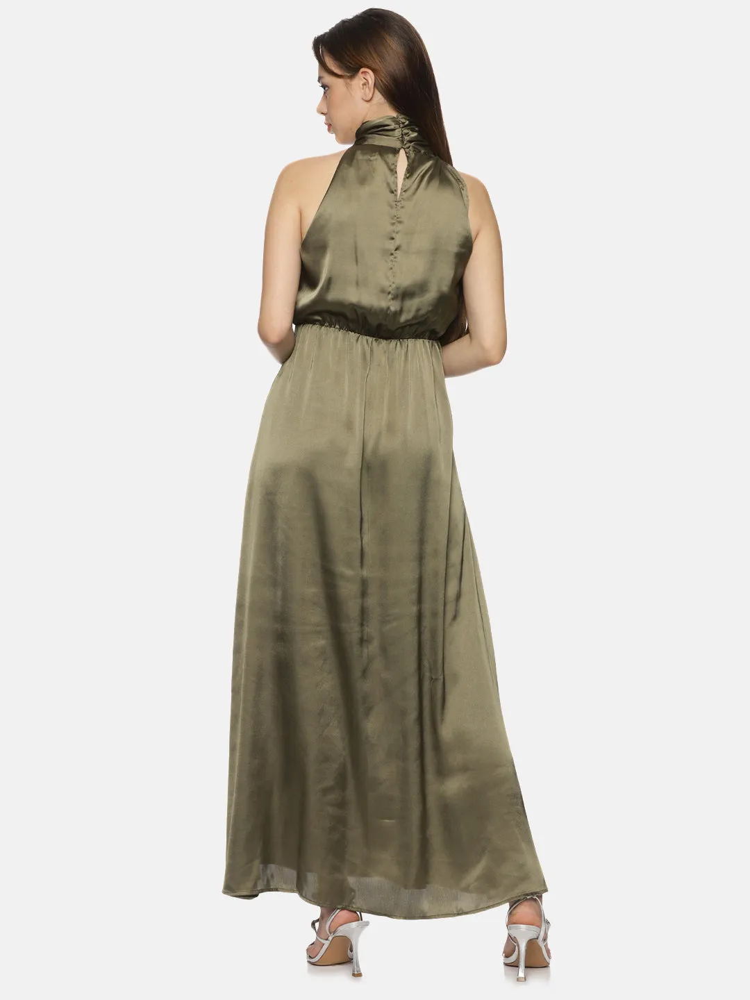 IS.U Solid Olive Halter Maxi Dress