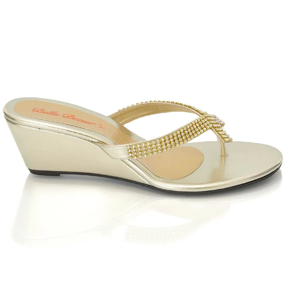 JULIETTA TOE POST SPARKLY DIAMANTE CROSS OVER STRAP SLIP ON WEDGE HEEL SANDALS IN GOLD