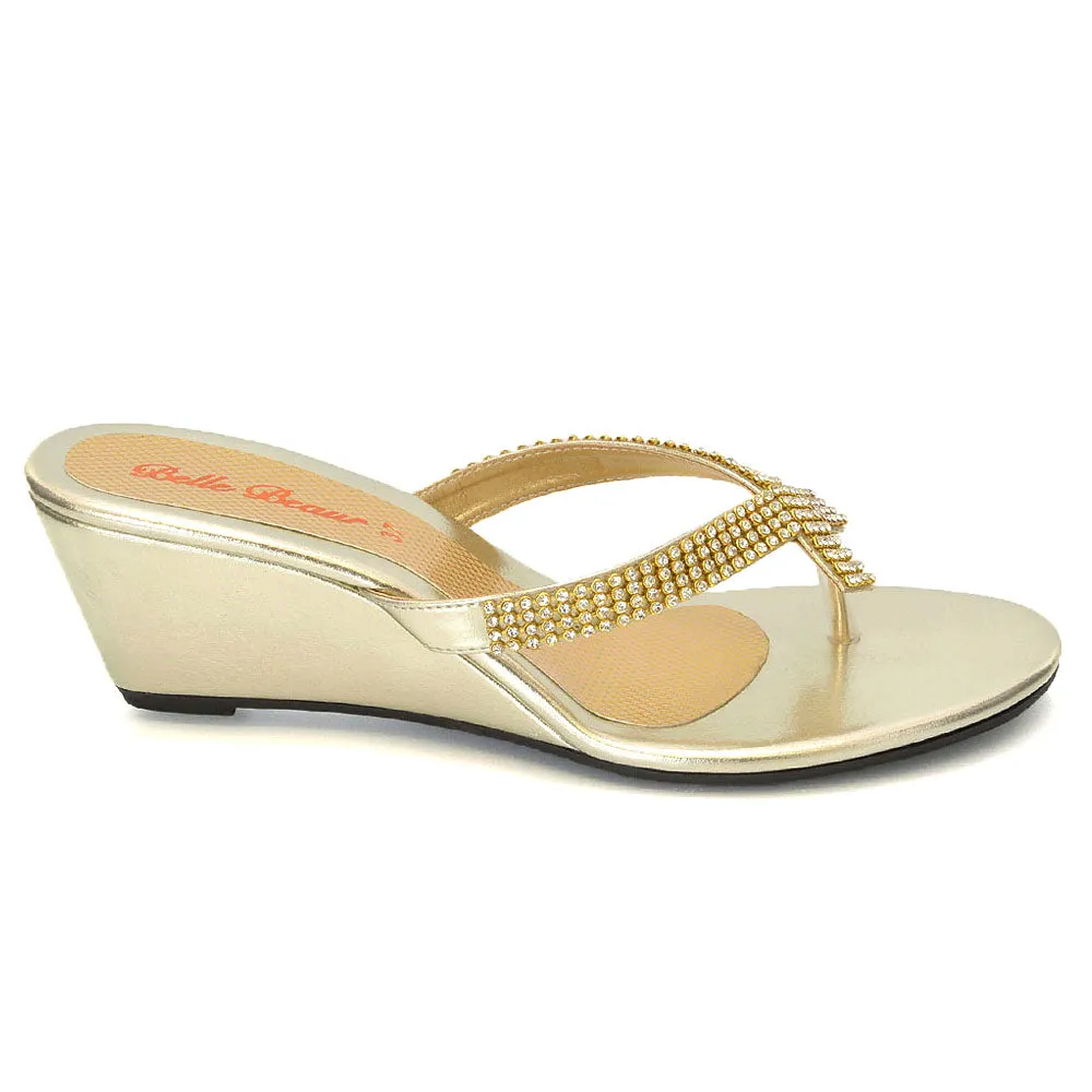 JULIETTA TOE POST SPARKLY DIAMANTE CROSS OVER STRAP SLIP ON WEDGE HEEL SANDALS IN GOLD