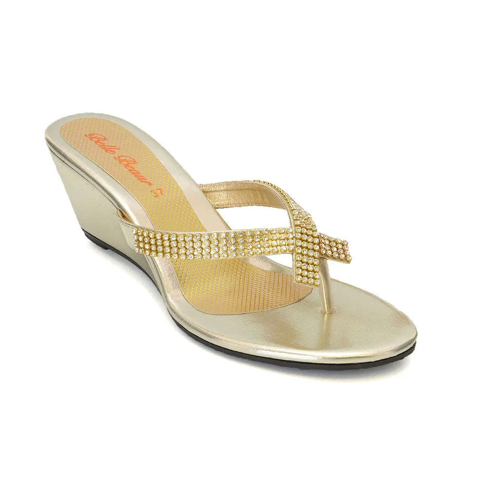 JULIETTA TOE POST SPARKLY DIAMANTE CROSS OVER STRAP SLIP ON WEDGE HEEL SANDALS IN GOLD