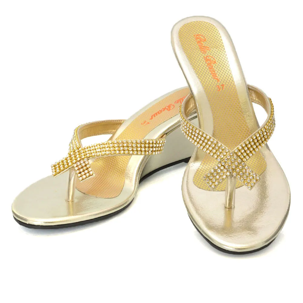 JULIETTA TOE POST SPARKLY DIAMANTE CROSS OVER STRAP SLIP ON WEDGE HEEL SANDALS IN GOLD