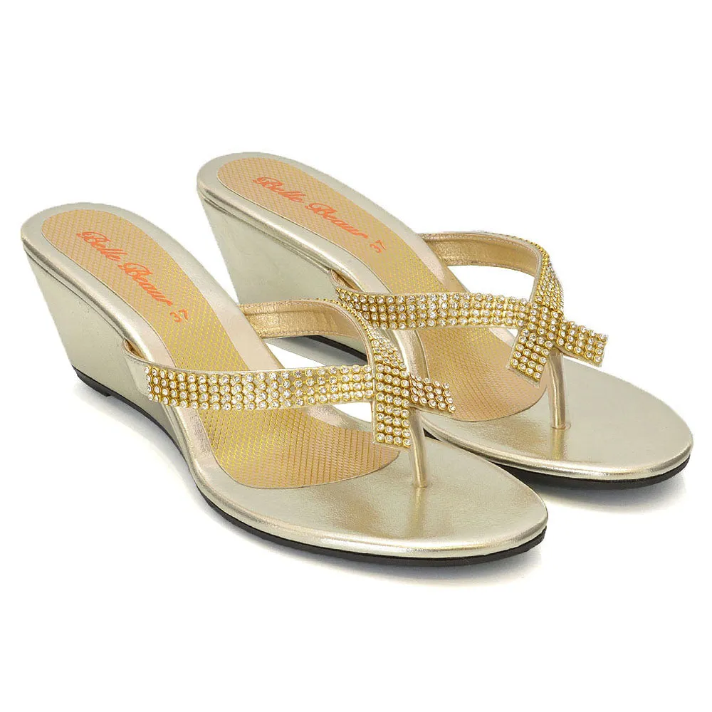 JULIETTA TOE POST SPARKLY DIAMANTE CROSS OVER STRAP SLIP ON WEDGE HEEL SANDALS IN GOLD