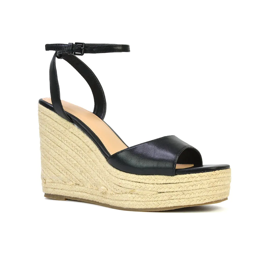 Kassie Square Toe Espadrille Platform Wedge Heel Sandals With Ankle Strap in Nude