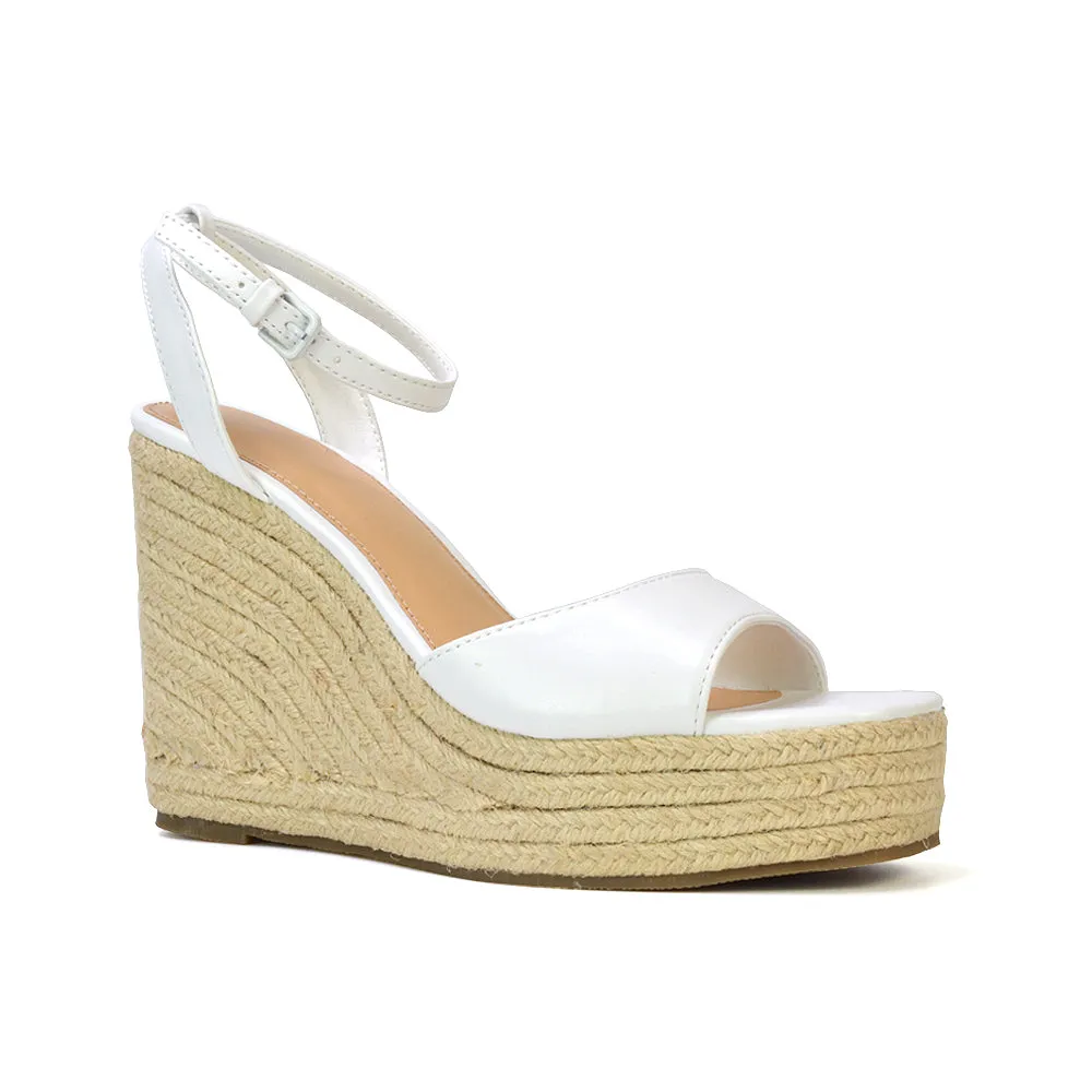 Kassie Square Toe Espadrille Platform Wedge Heel Sandals With Ankle Strap in Nude